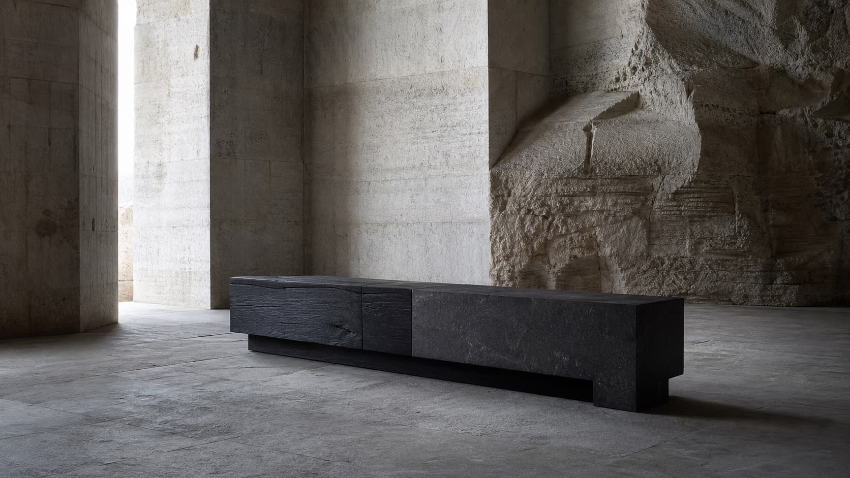 Fictional dark timber bench prototype in a limestone interior.
