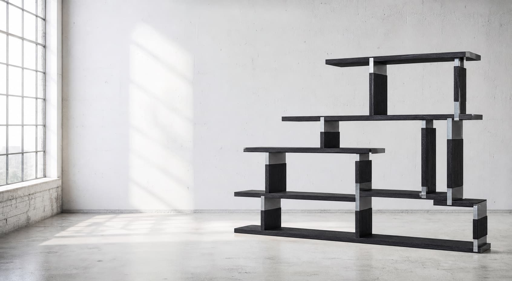 Fictional black timber shelving prototype in a bright studio.