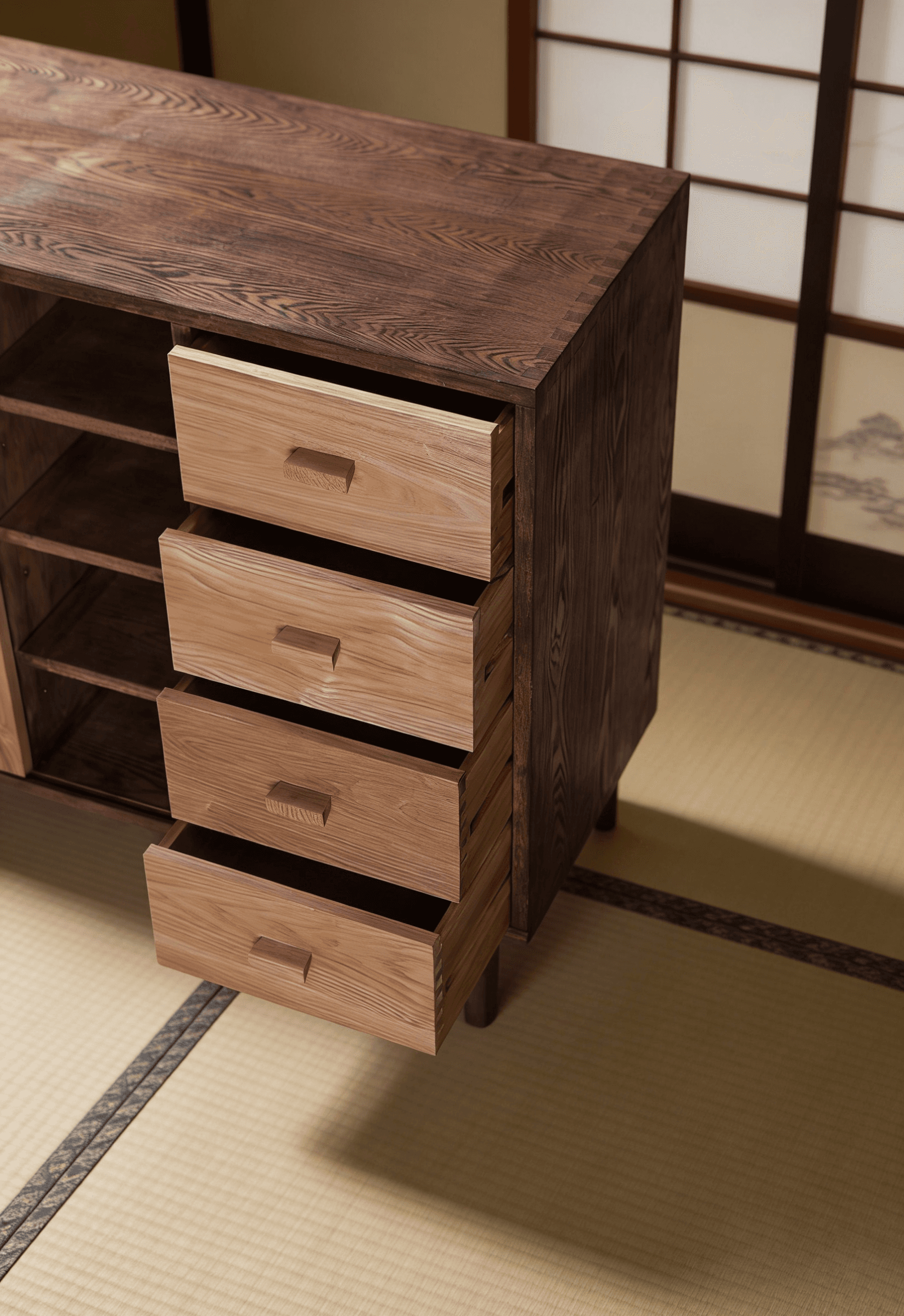 Wooden cabinet with several drawers open in a quiet interior.