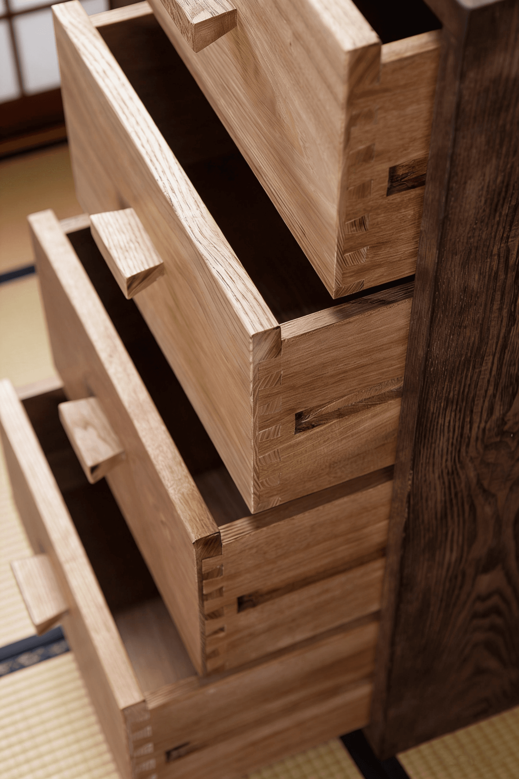 Close vertical view of Product 02's open drawers and exposed corner joints.