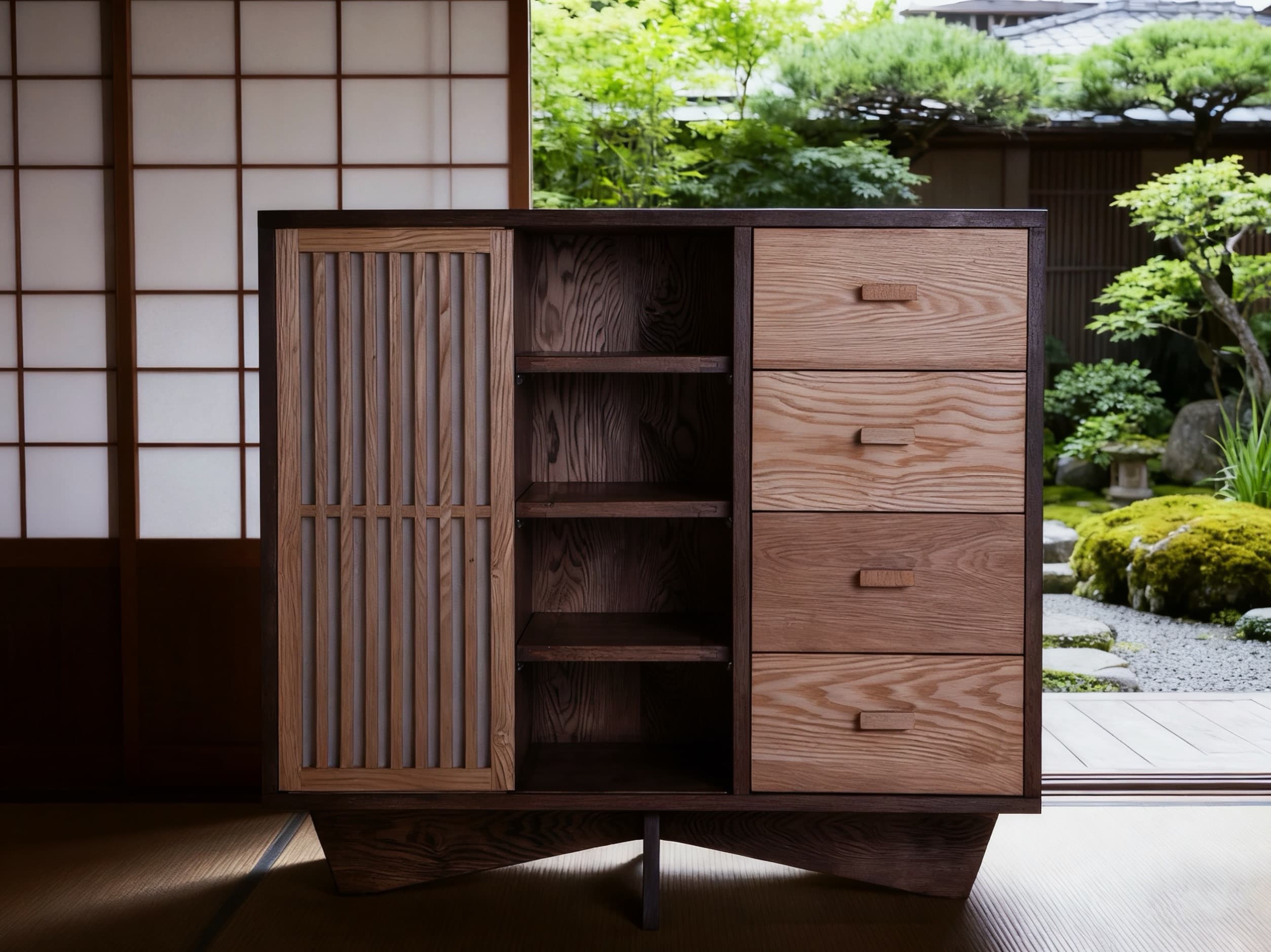 Front view of Product 02 in a traditional interior opening onto a garden.