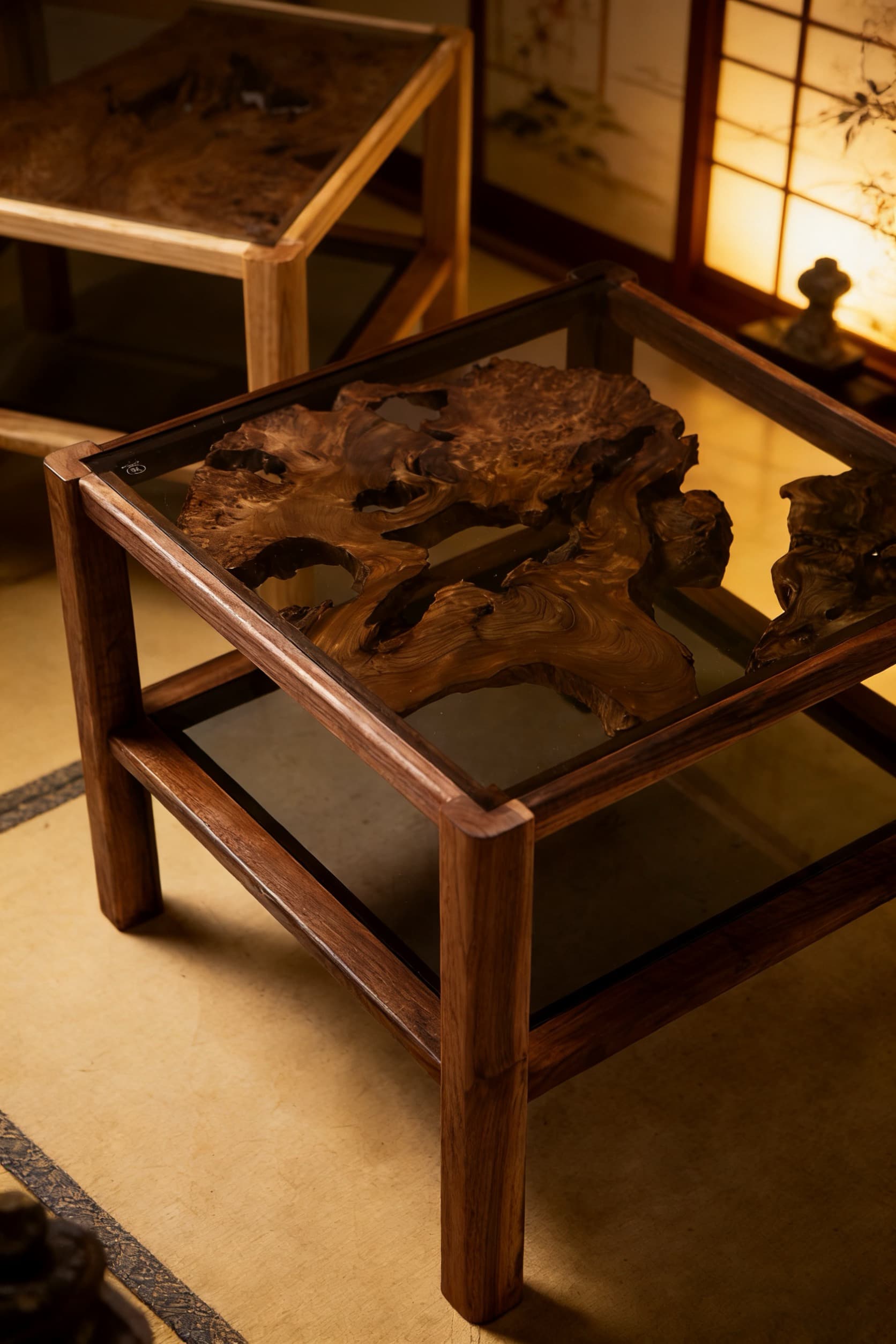 Product 03 tables photographed in a warmly lit traditional interior.
